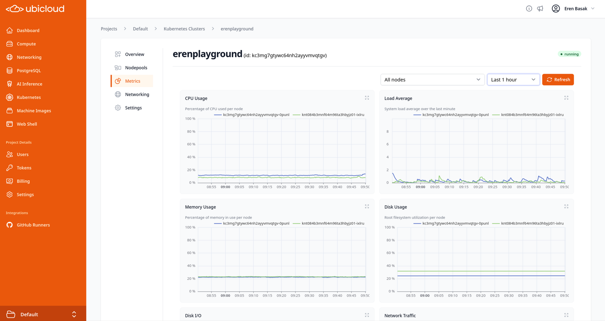 Metrics tab on a Kubernetes cluster
