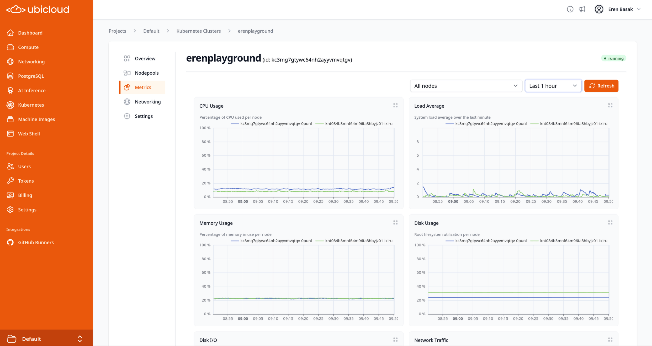 Metrics tab on a Kubernetes cluster
