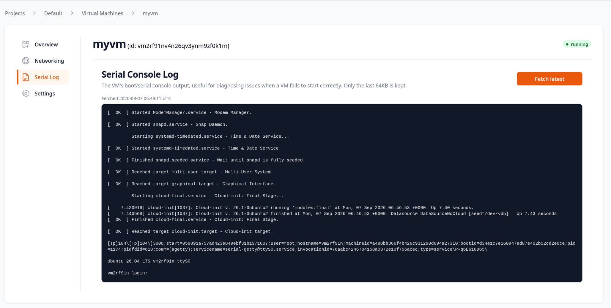 Serial Log tab on the VM page