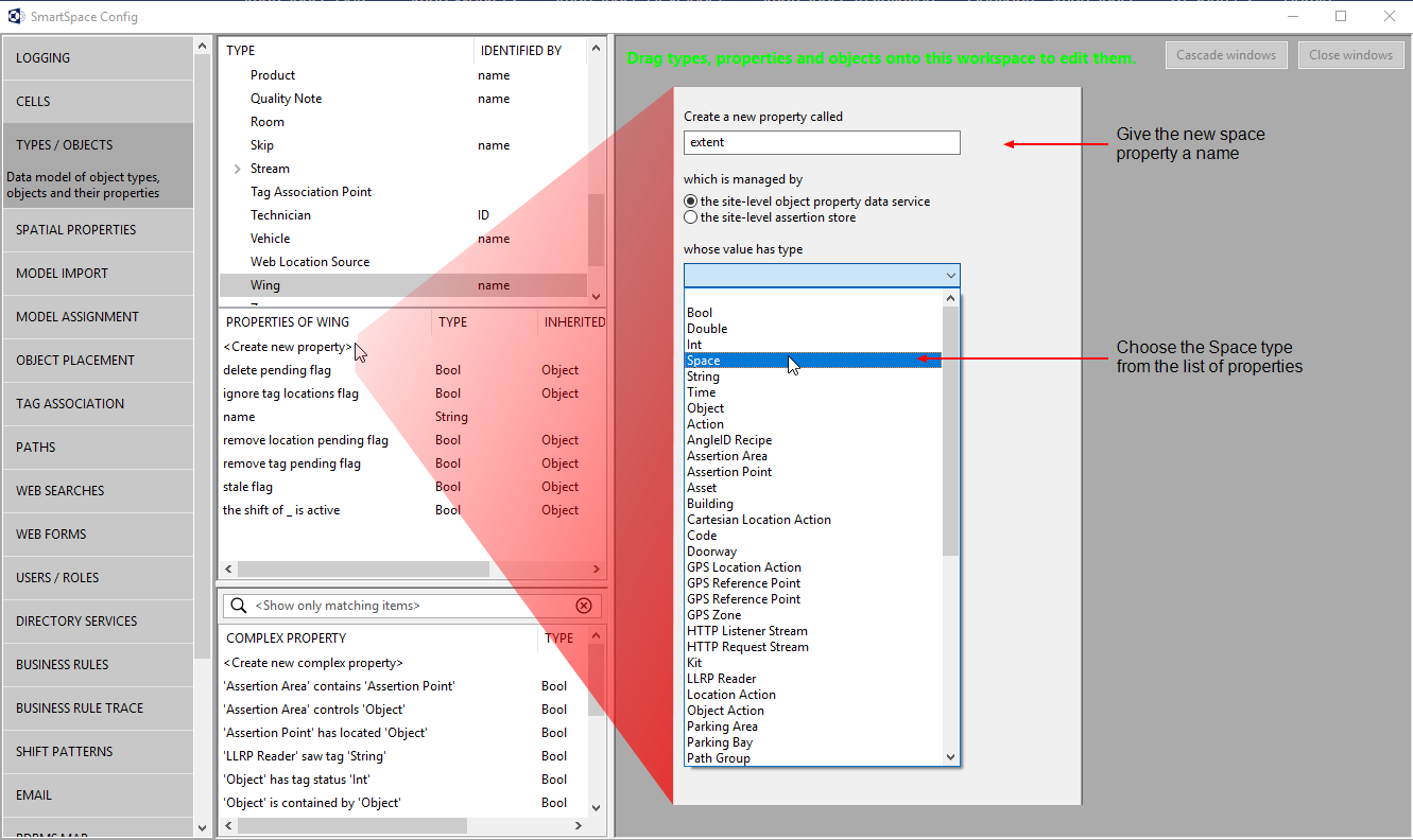screen shot showing the <Create new property> option and a dialg where the
proerty is given a name and the Space type is
selected