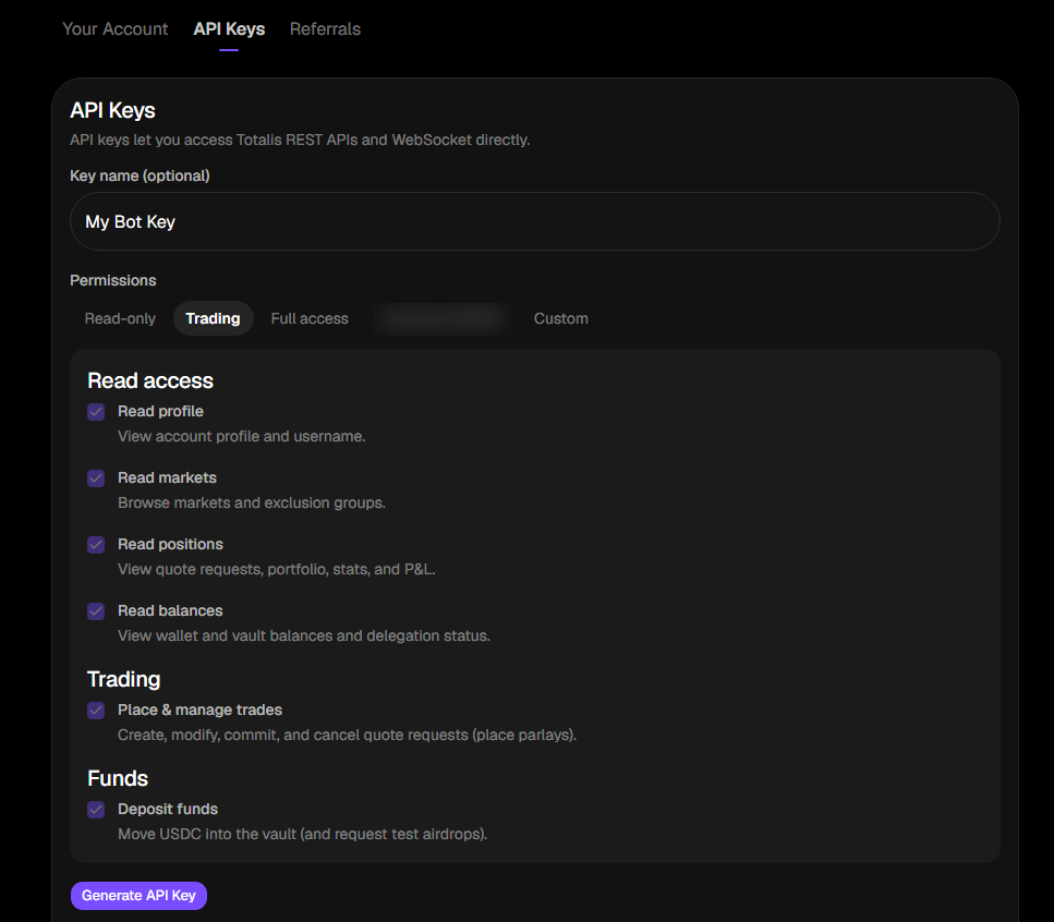 The API Keys settings page with a key name, the Trading preset selected, and the read, trading and funds permissions checked