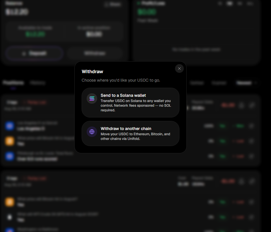 The Withdraw dialog offering Send to a Solana wallet and Withdraw to another chain