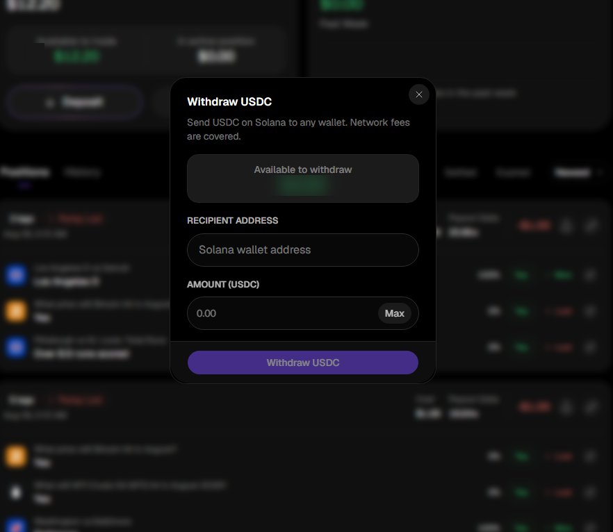 The Withdraw USDC form showing the amount available to withdraw, a recipient Solana address field, and an amount field