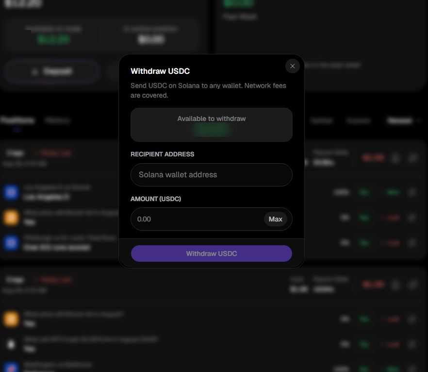 The Withdraw USDC form showing the amount available to withdraw, a recipient Solana address field, and an amount field