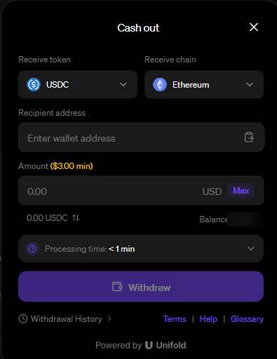The Unifold cash out dialog with token, chain, recipient address, amount with a 3 USD minimum, and processing time