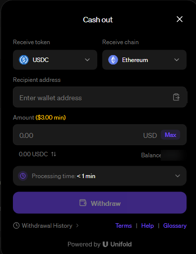 The Unifold cash out dialog with token, chain, recipient address, amount with a 3 USD minimum, and processing time