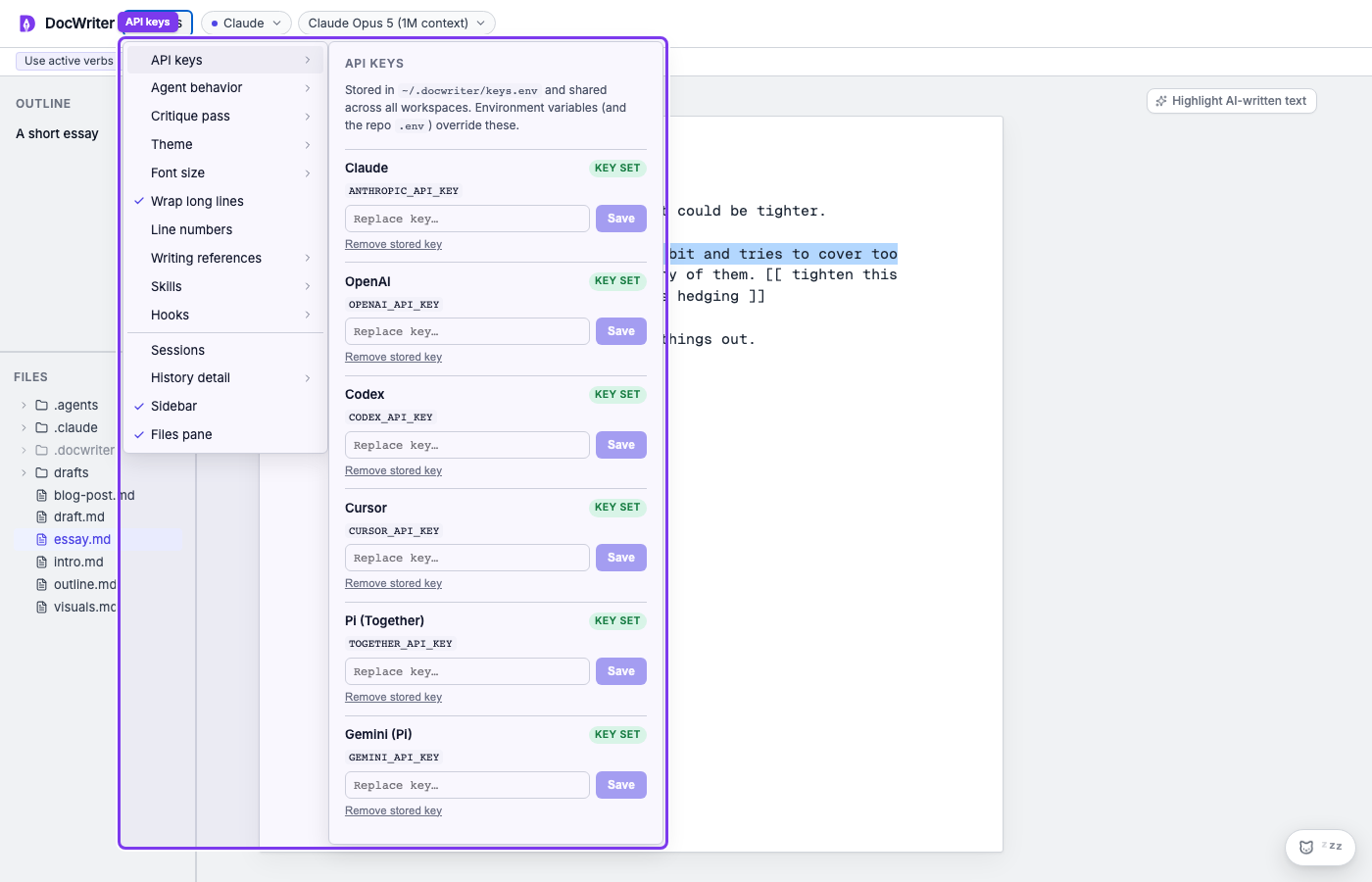 The API keys panel open from Settings