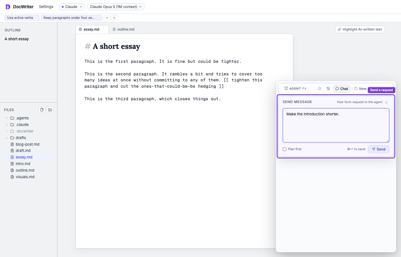 The Chat panel with a request ready to send