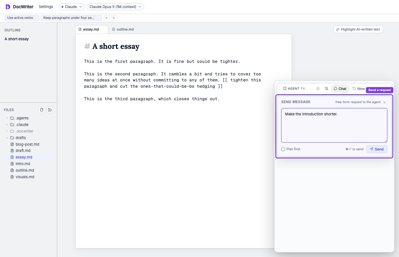 The Chat panel with a request ready to send