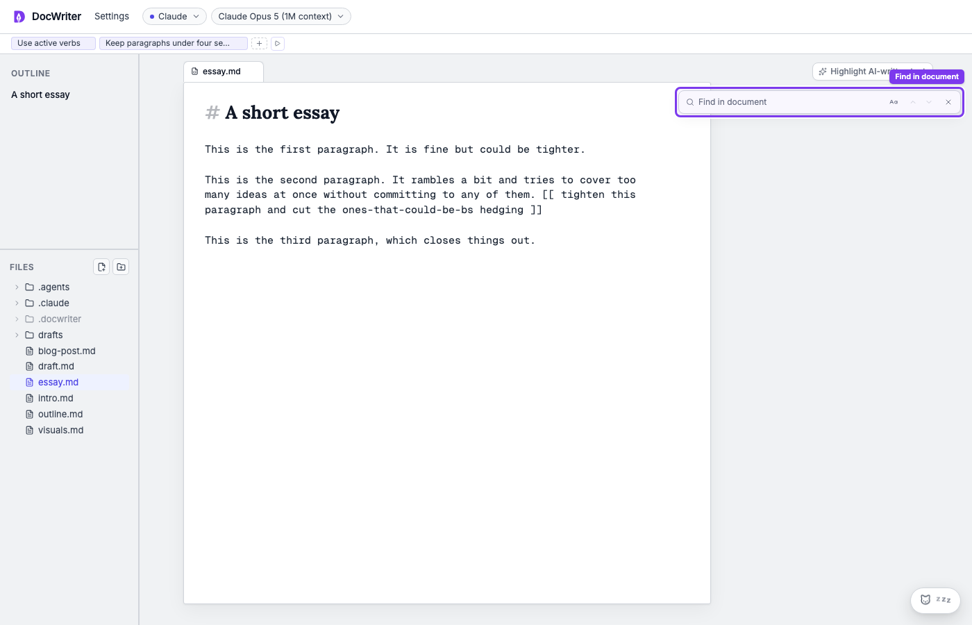 The find bar with a query and match count