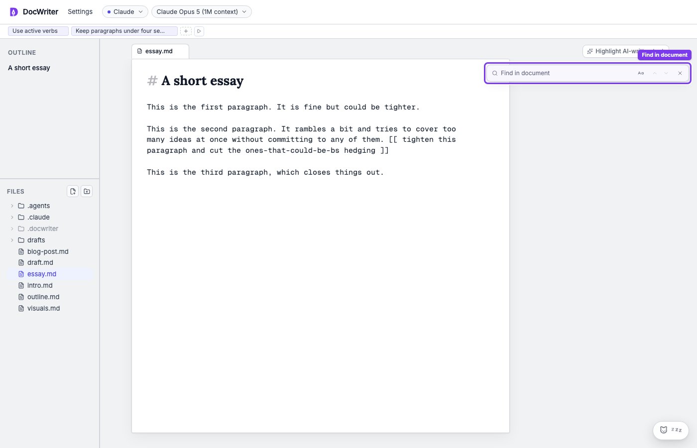 The find bar with a query and match count