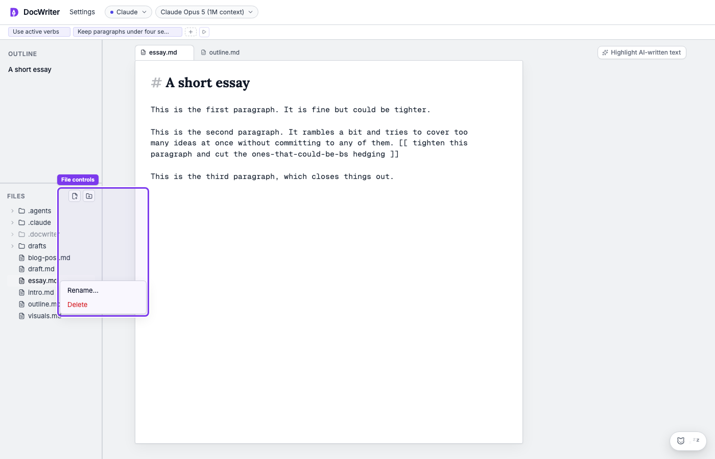 The file tree with file controls and a context menu