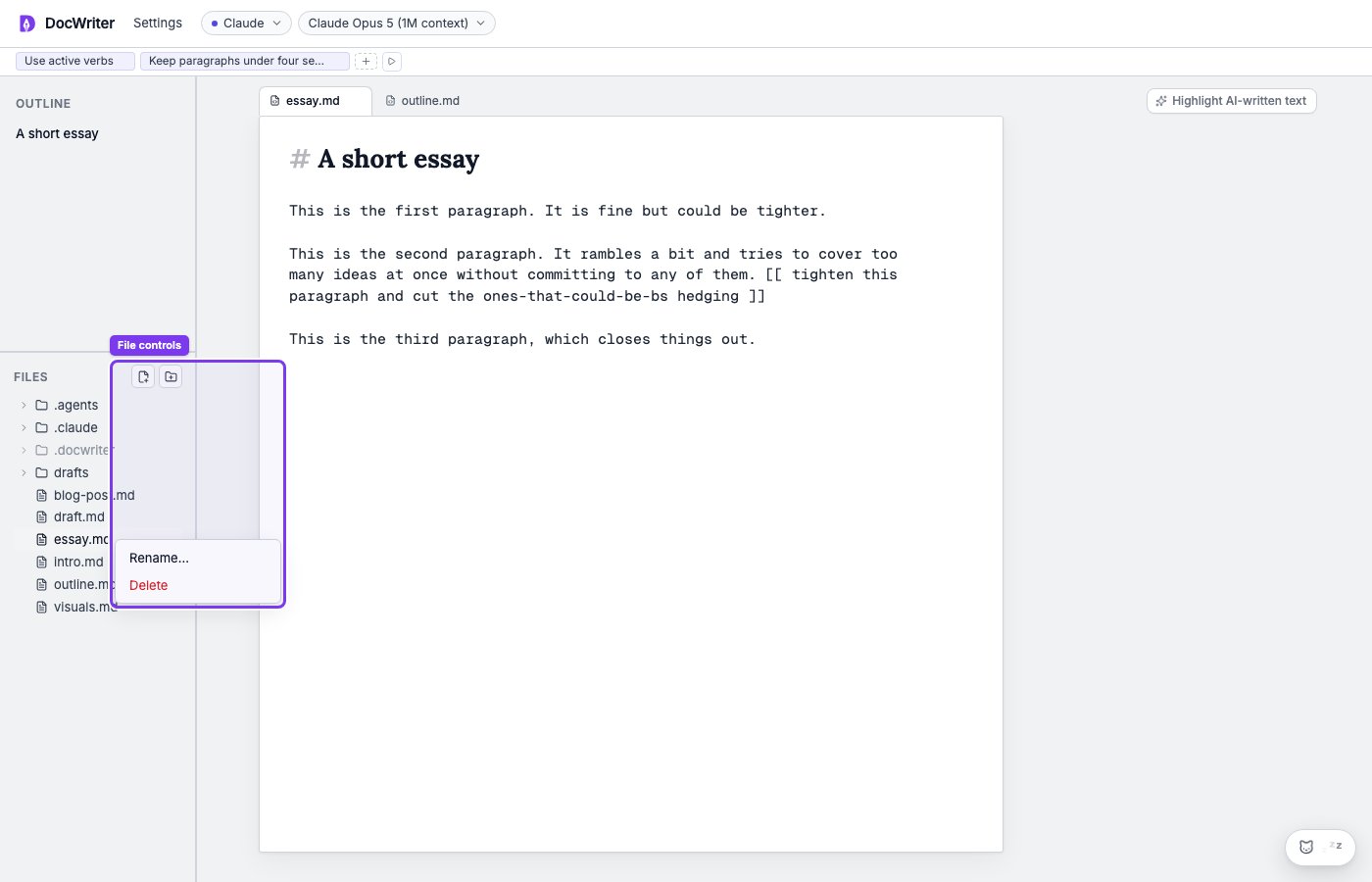 The file tree with file controls and a context menu