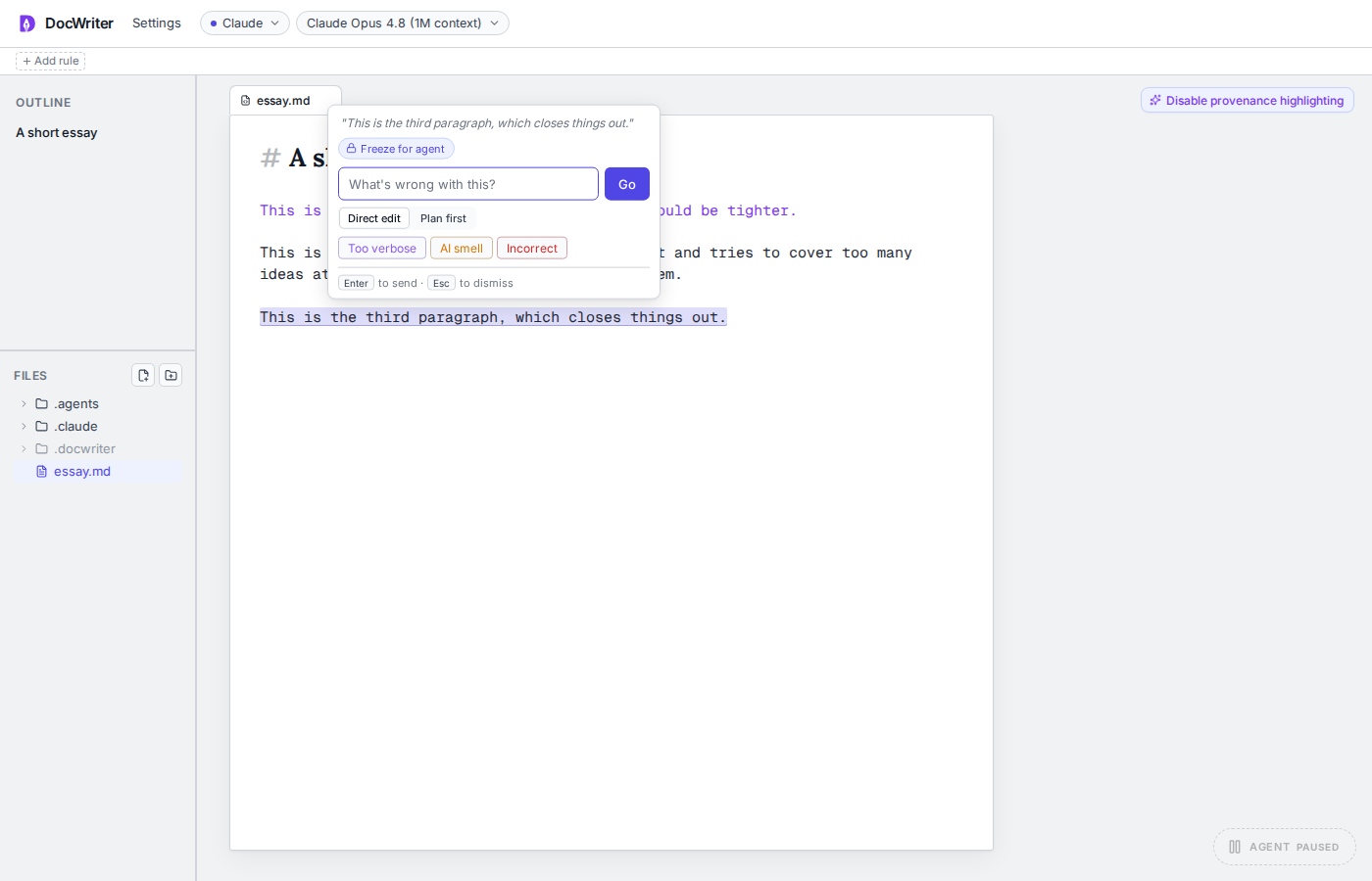 The Freeze for agent action for selected text