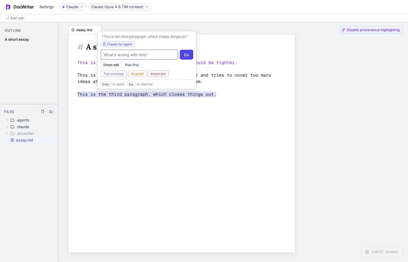 The Freeze for agent action for selected text