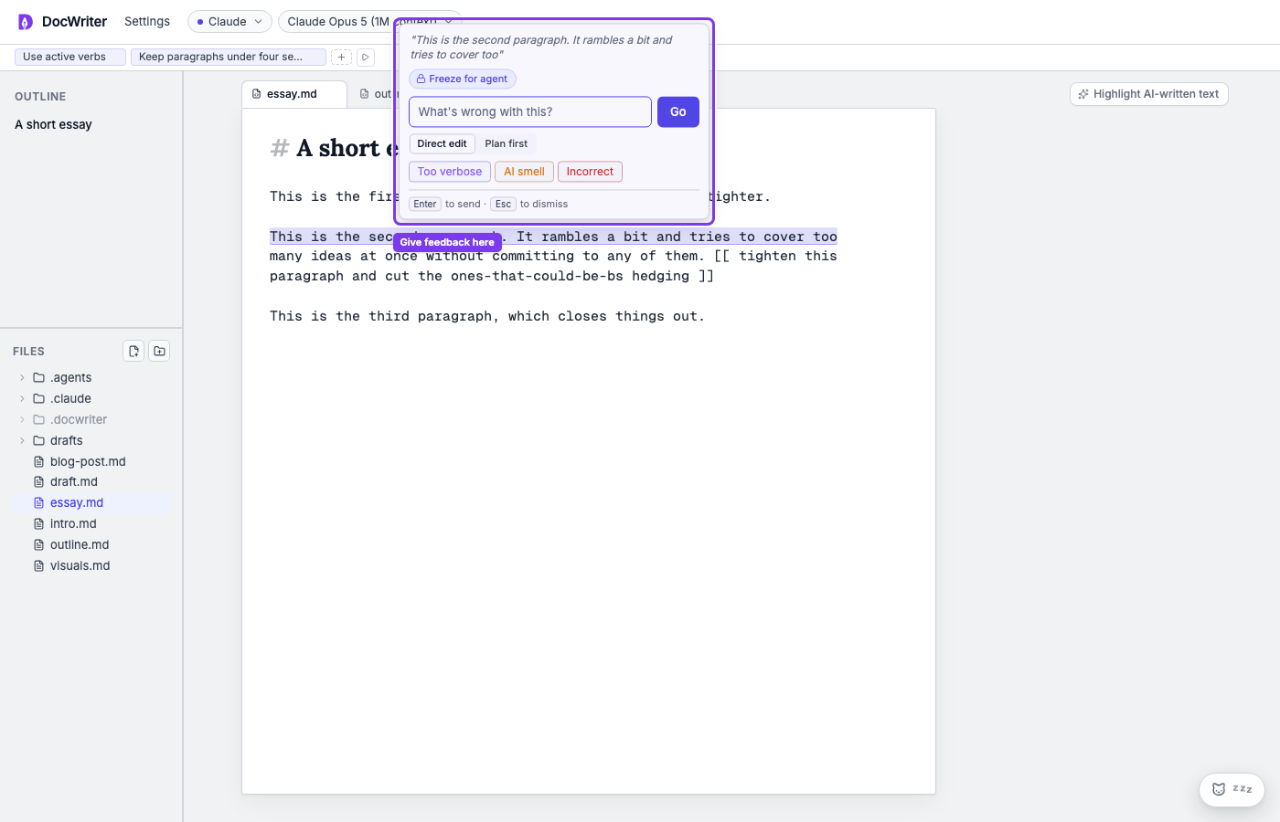 The feedback popup attached to selected text
