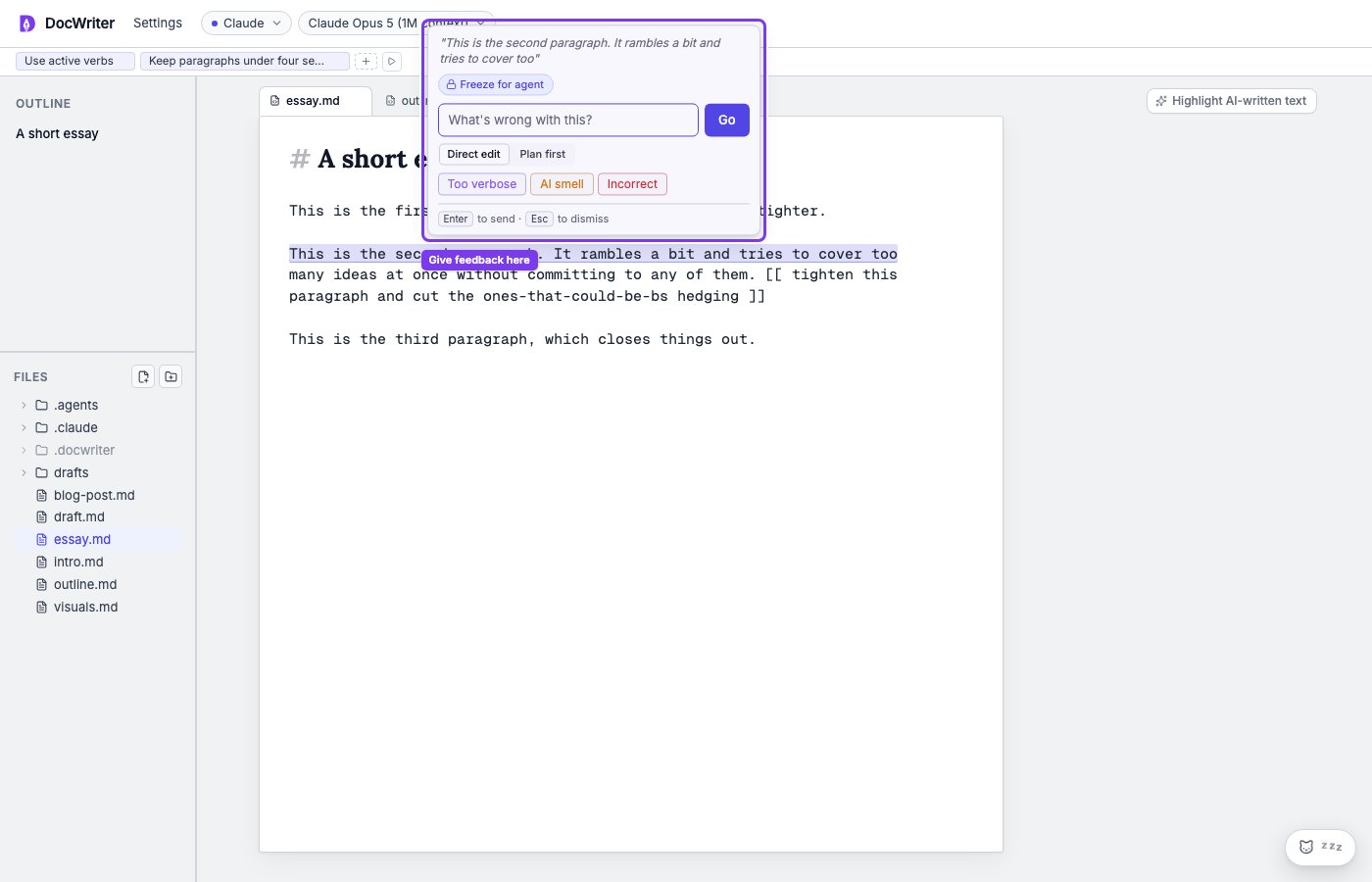 The feedback popup attached to selected text