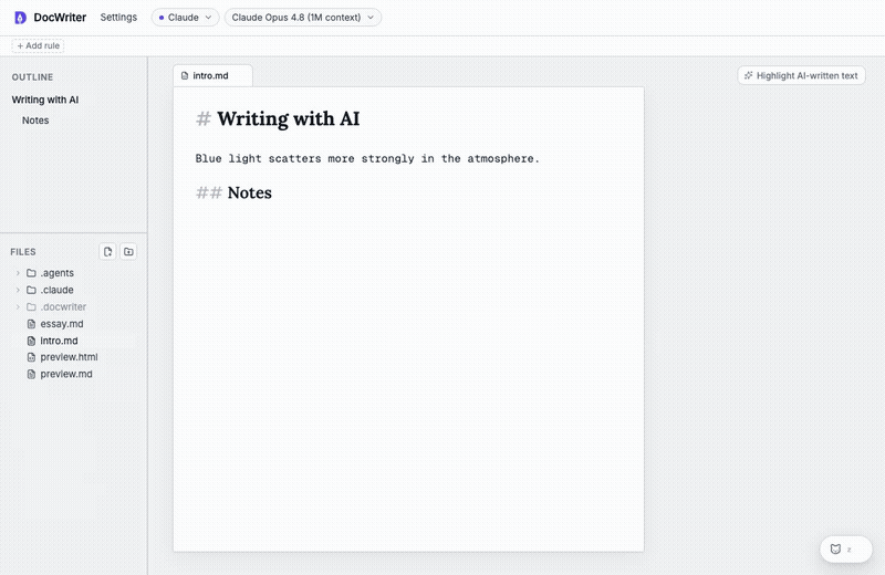 A writer keeps typing while the agent handles an inline request