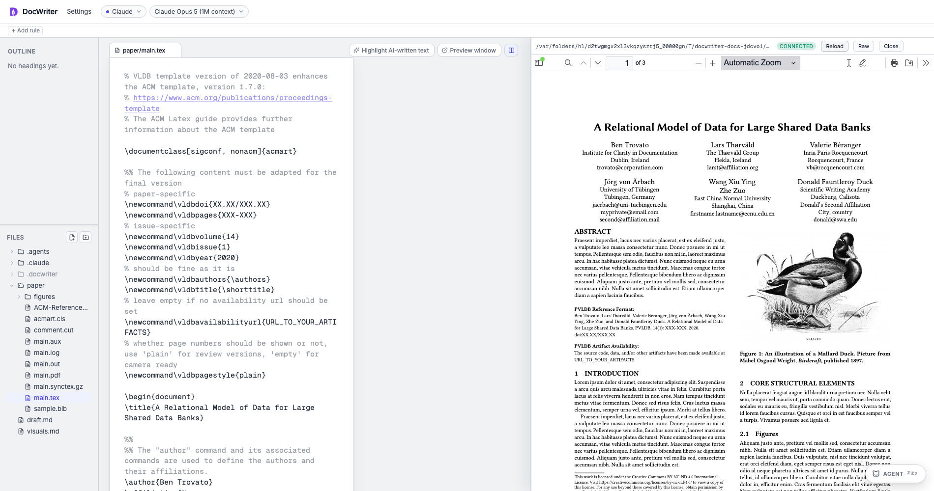 The generated PDF beside the LaTeX source