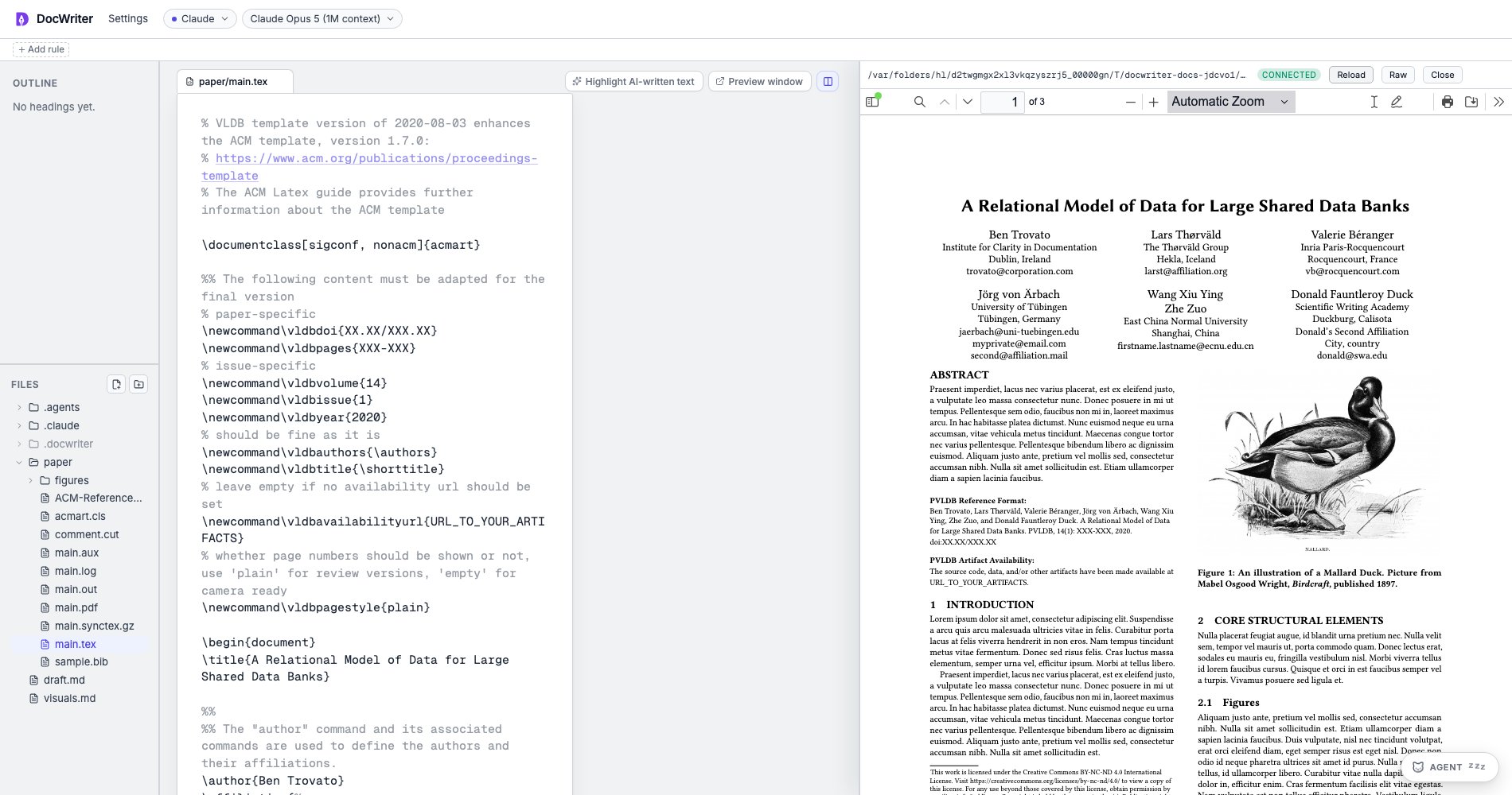 The generated PDF beside the LaTeX source