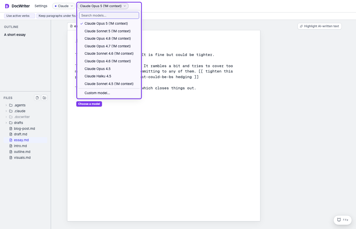 The model menu open in the DocWriter header