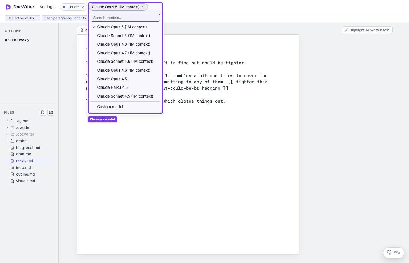 The model menu open in the DocWriter header