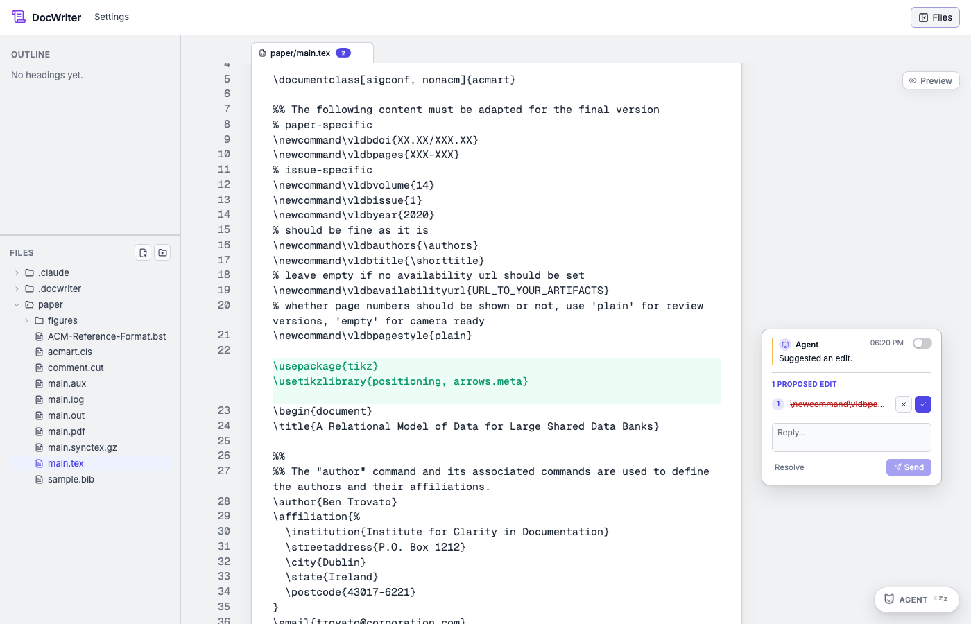 A proposed LaTeX edit in the comment gutter