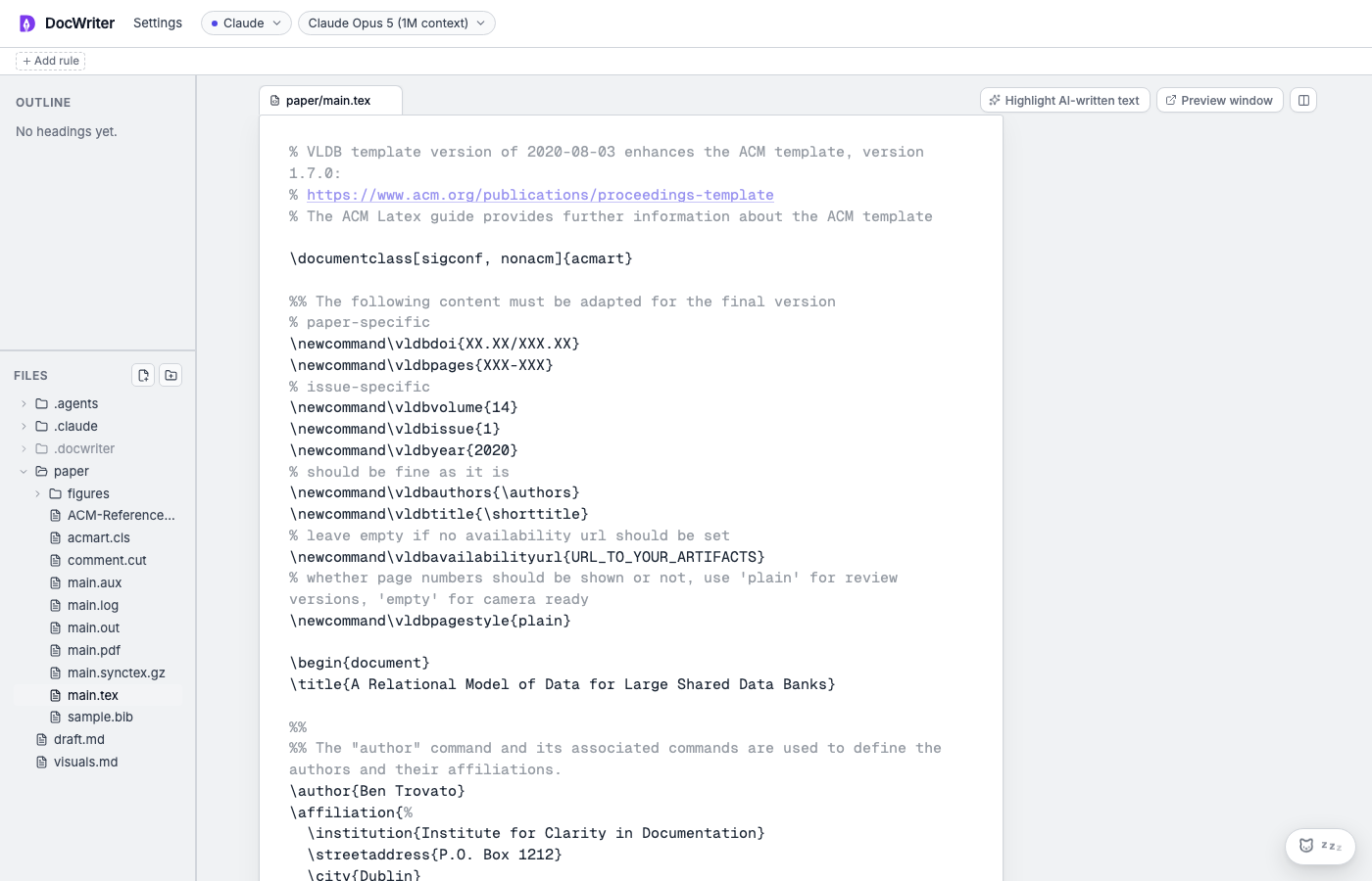 A TeX project open in the source editor