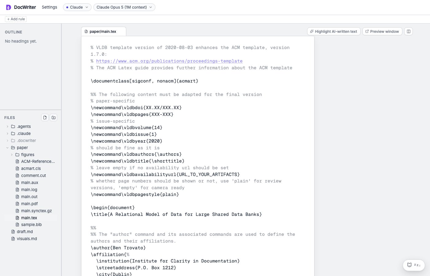 A TeX project open in the source editor