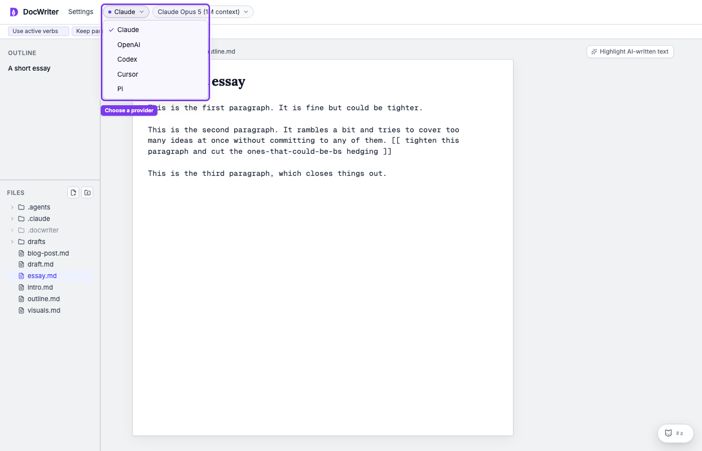 The provider menu open in the DocWriter header