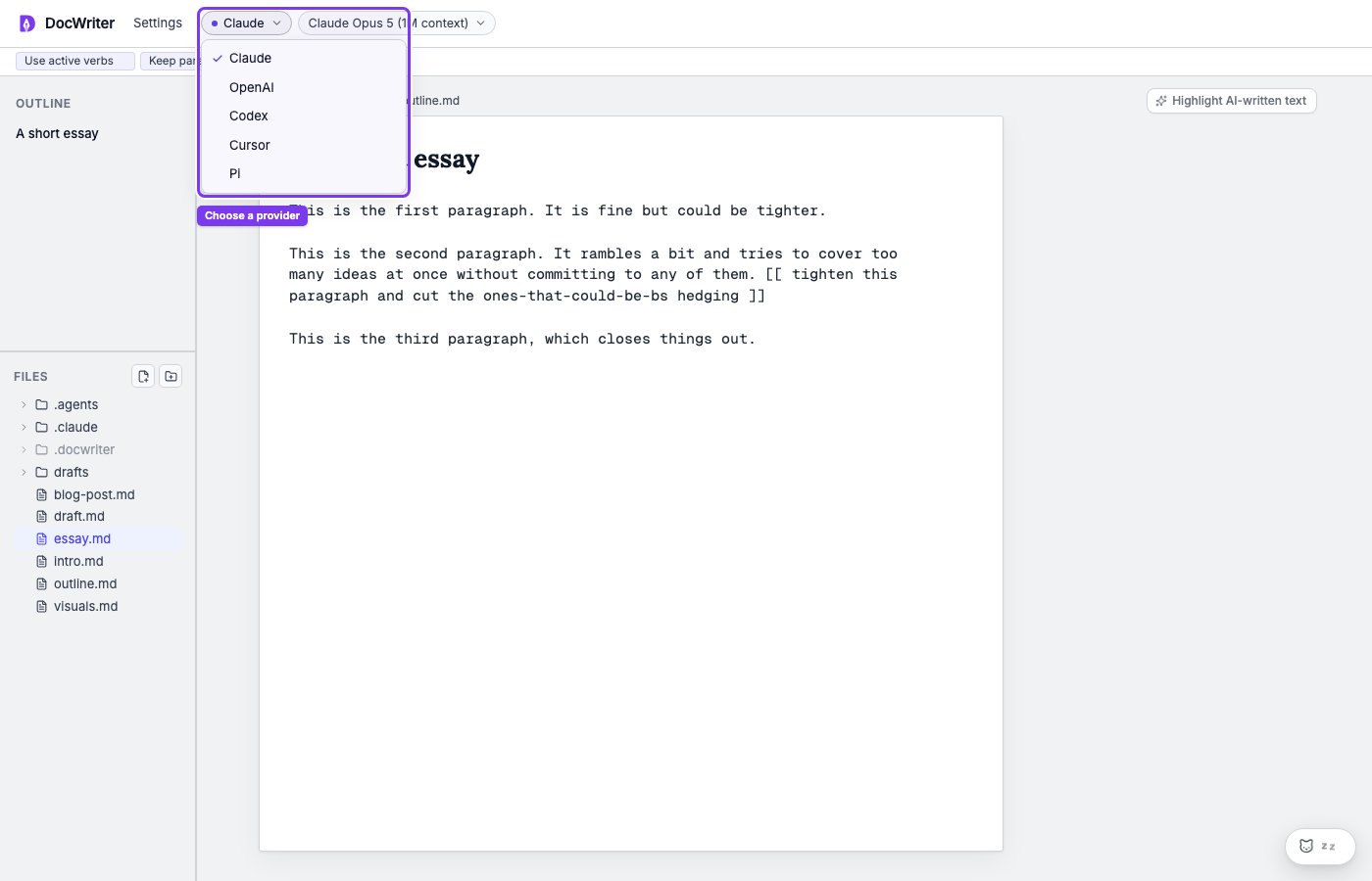 The provider menu open in the DocWriter header