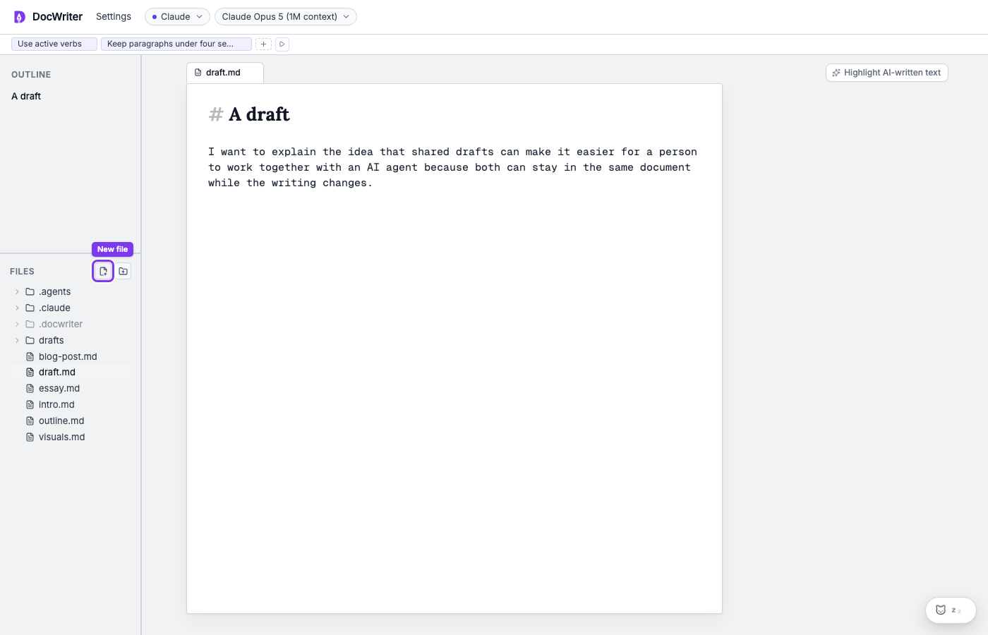 A Markdown file open beside the DocWriter file tree