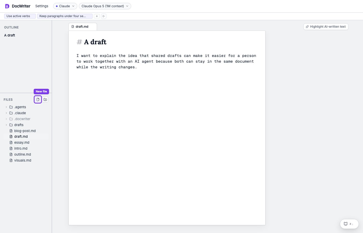 A Markdown file open beside the DocWriter file tree