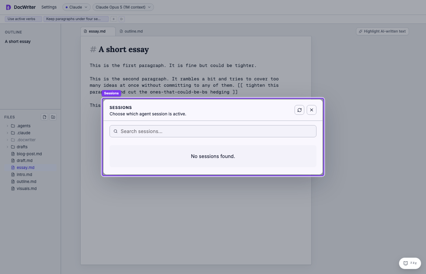 The Sessions browser open over the DocWriter workspace