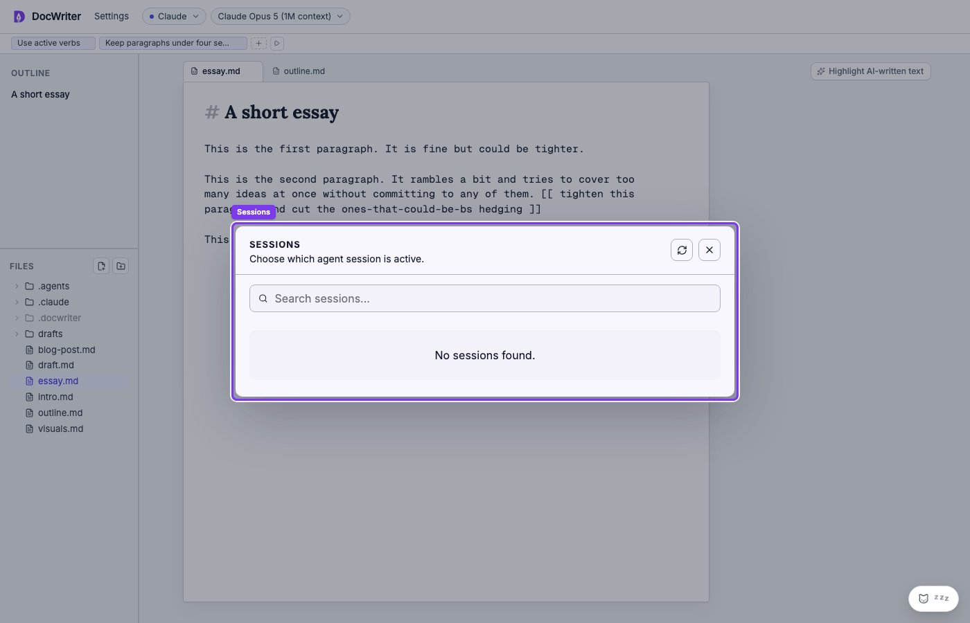 The Sessions browser open over the DocWriter workspace