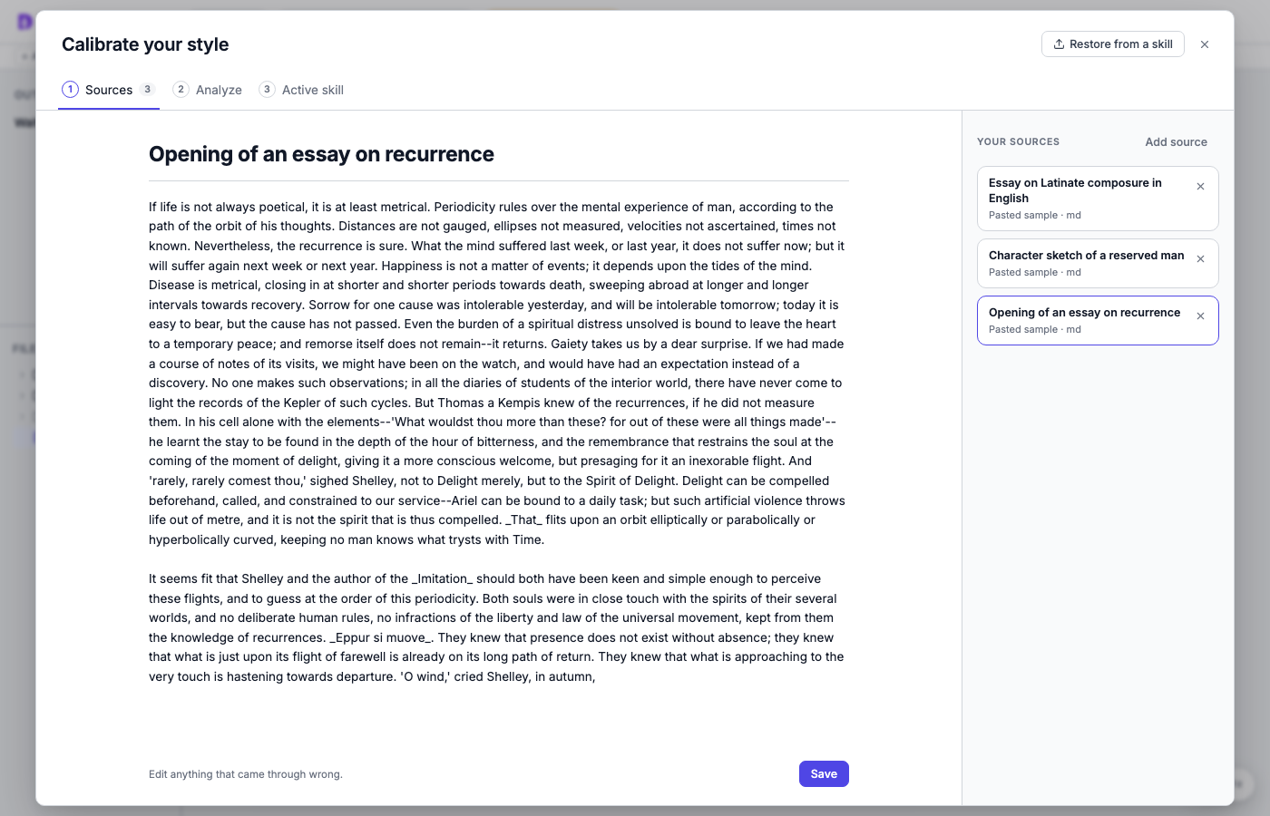 The Calibrate your style dialog with pasted sources