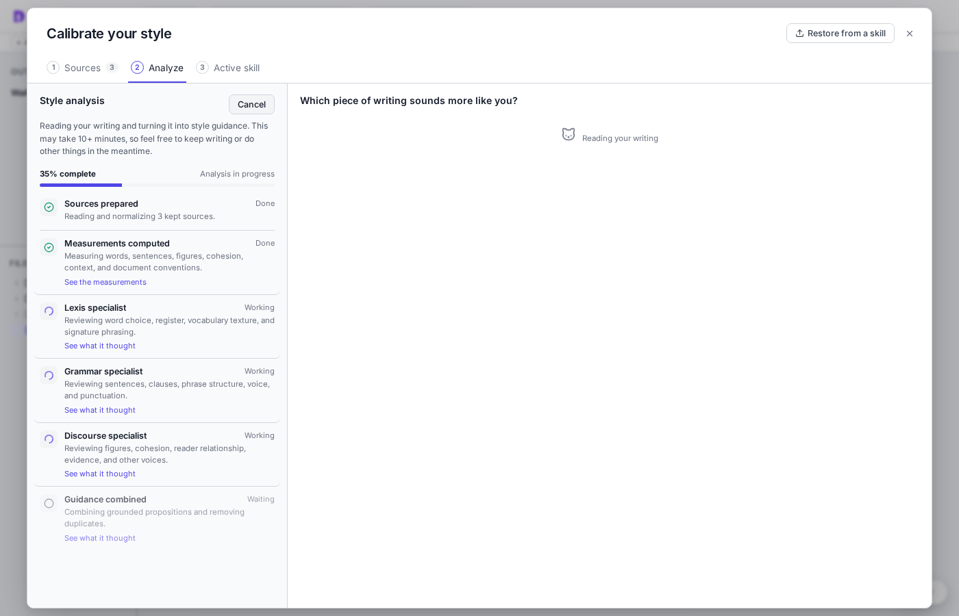 The Analyze step showing Lexis, Grammar, and Discourse specialists in progress