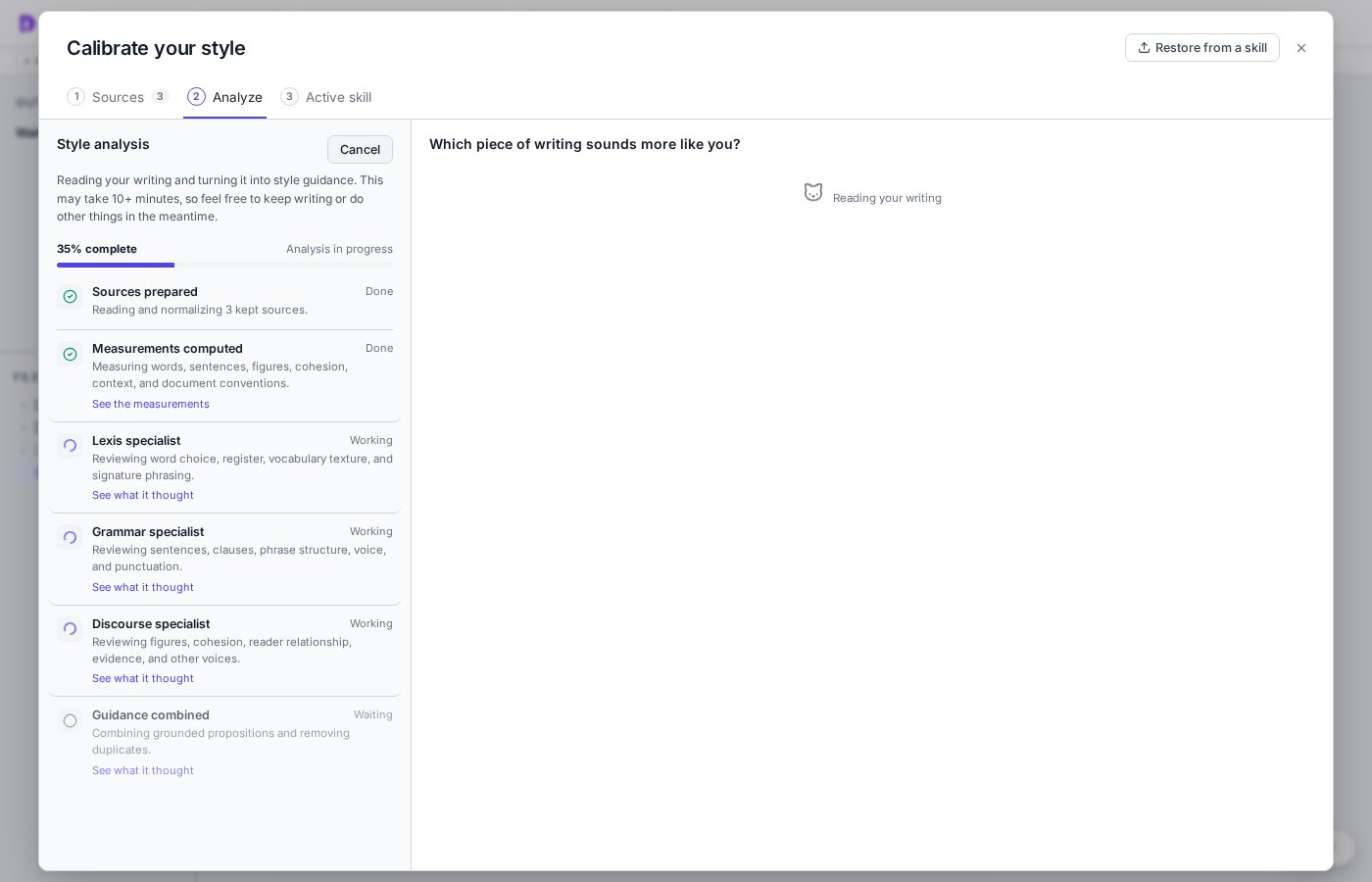 The Analyze step showing Lexis, Grammar, and Discourse specialists in progress