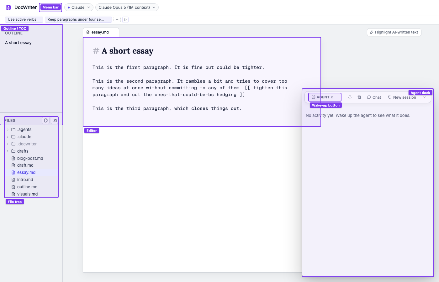 The DocWriter interface with the main regions labeled