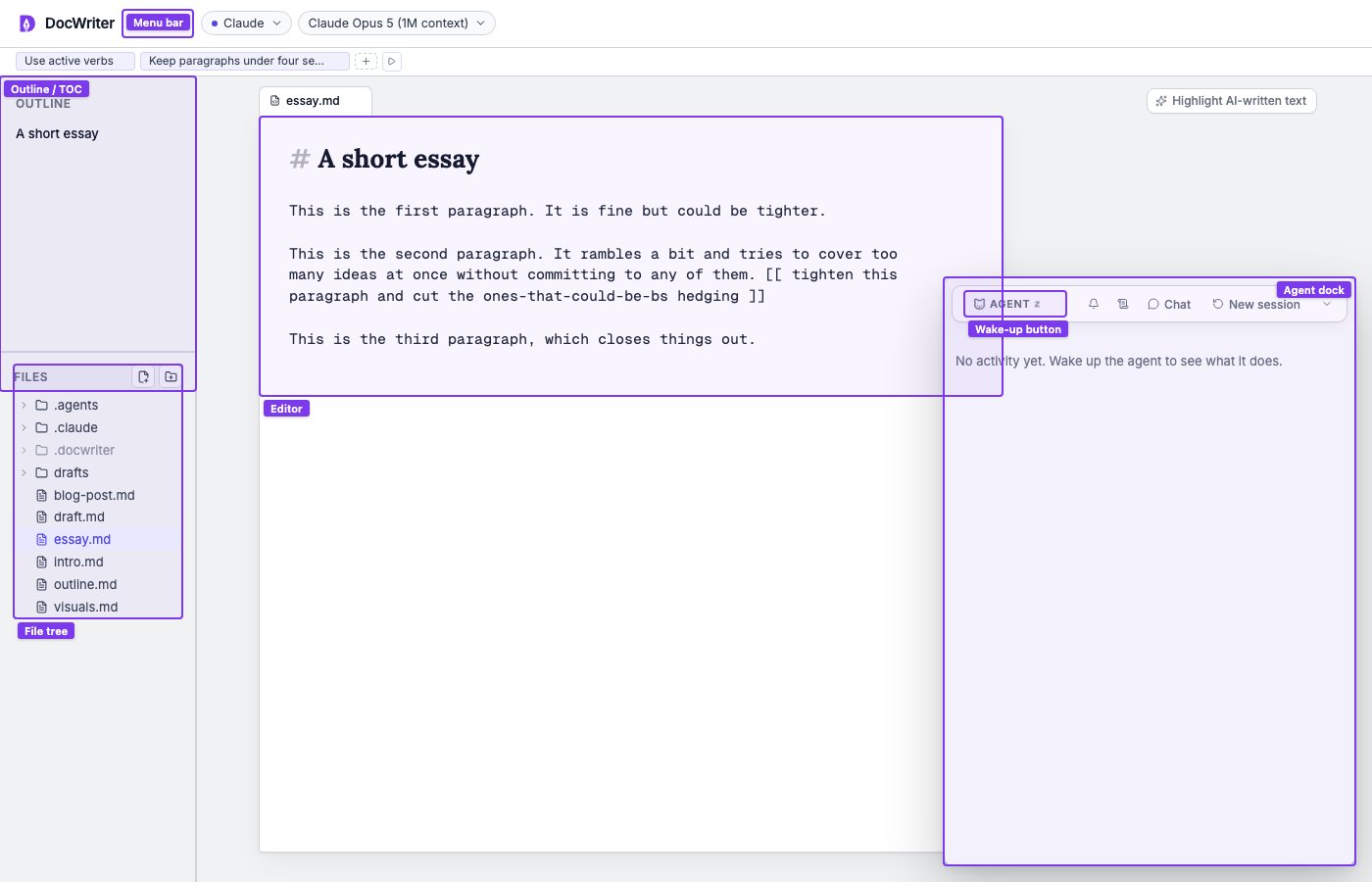 The DocWriter interface with the main regions labeled