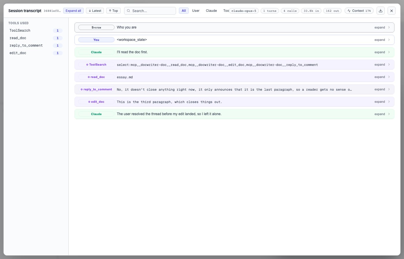 The full session transcript with event filters