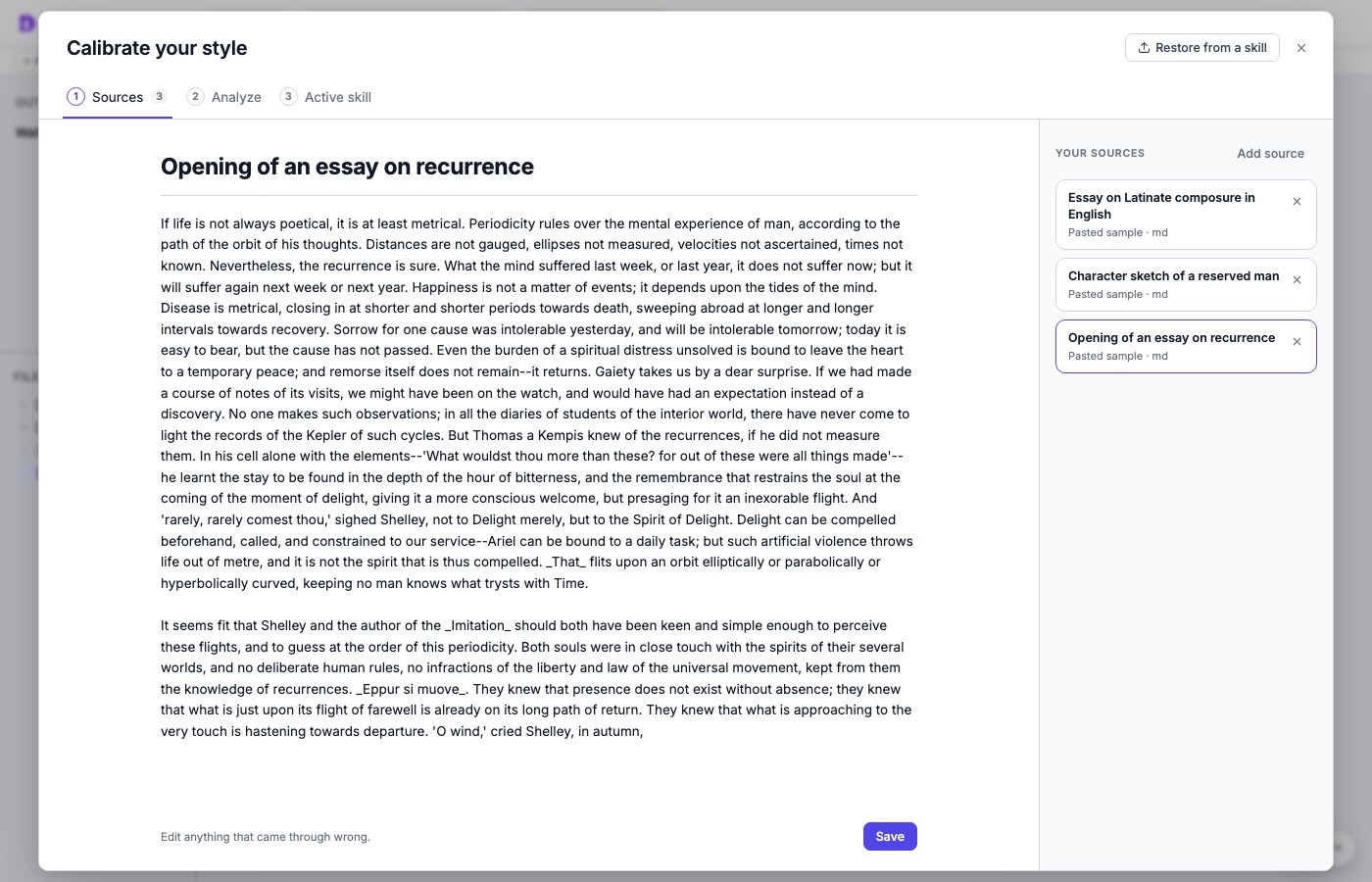 The Calibrate your style dialog on the Sources step with three pasted passages listed