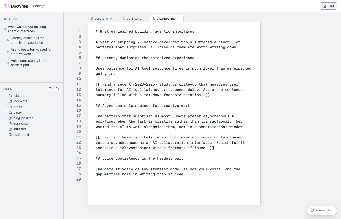 A research draft with inline requests before the agent runs