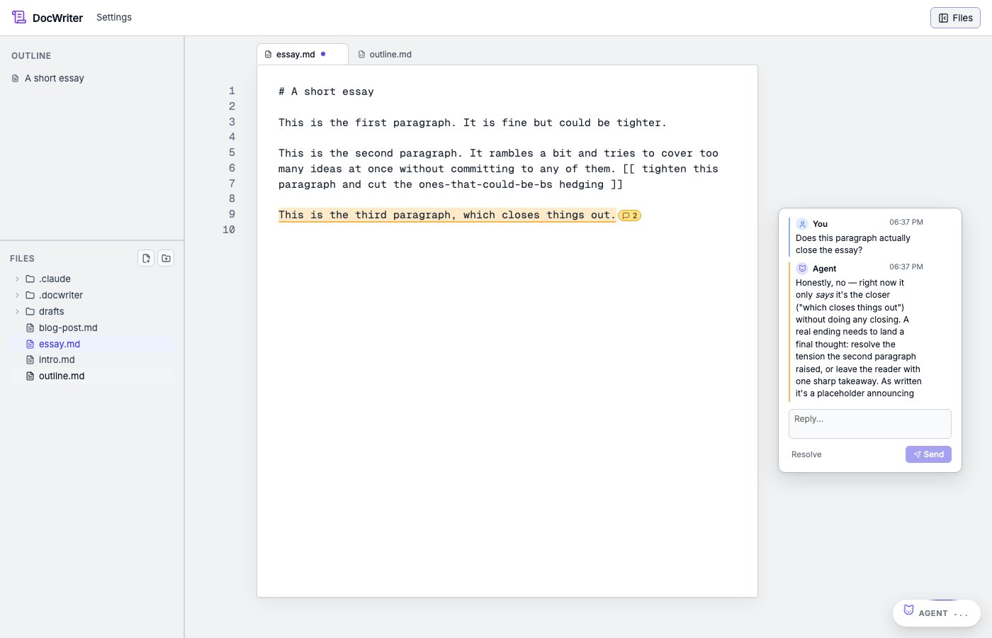 A comment thread anchored to a paragraph in the editor, with the user message and an indicator badge visible inline