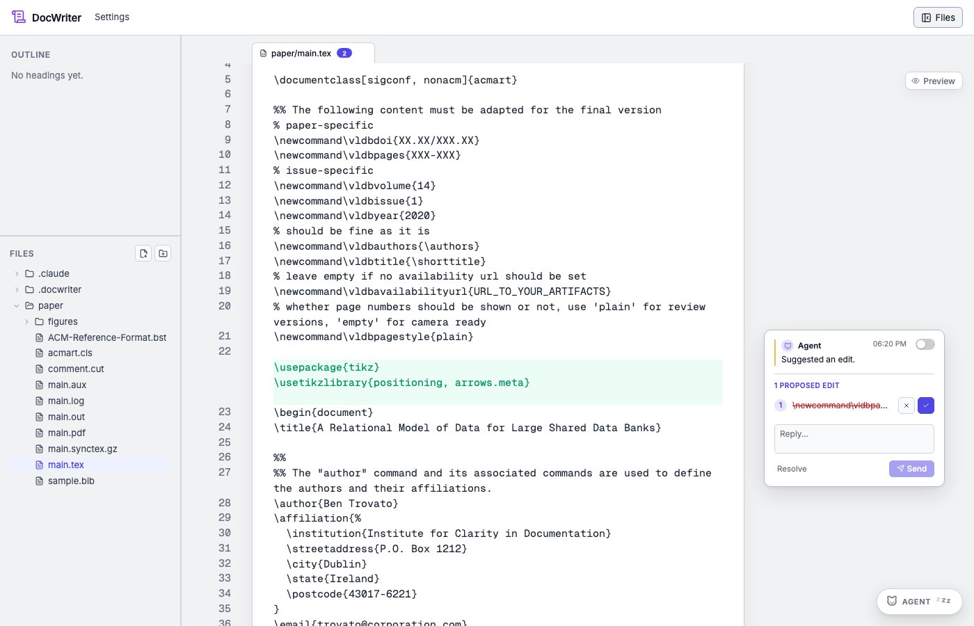 A proposed LaTeX edit in the comment gutter