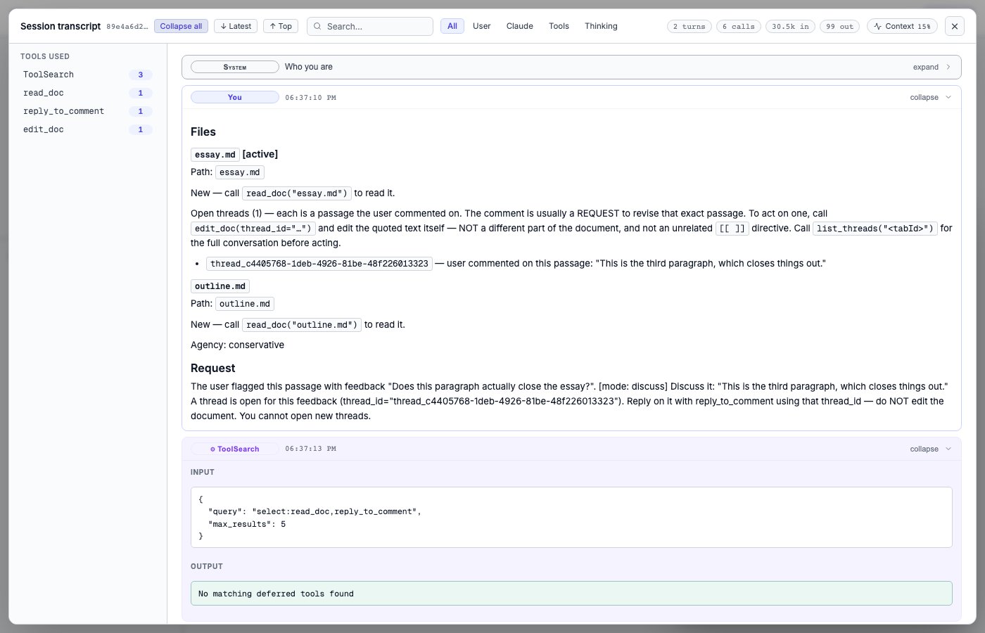 Transcript filtered to ToolSearch calls only, via the search bar plus the Tools filter chip