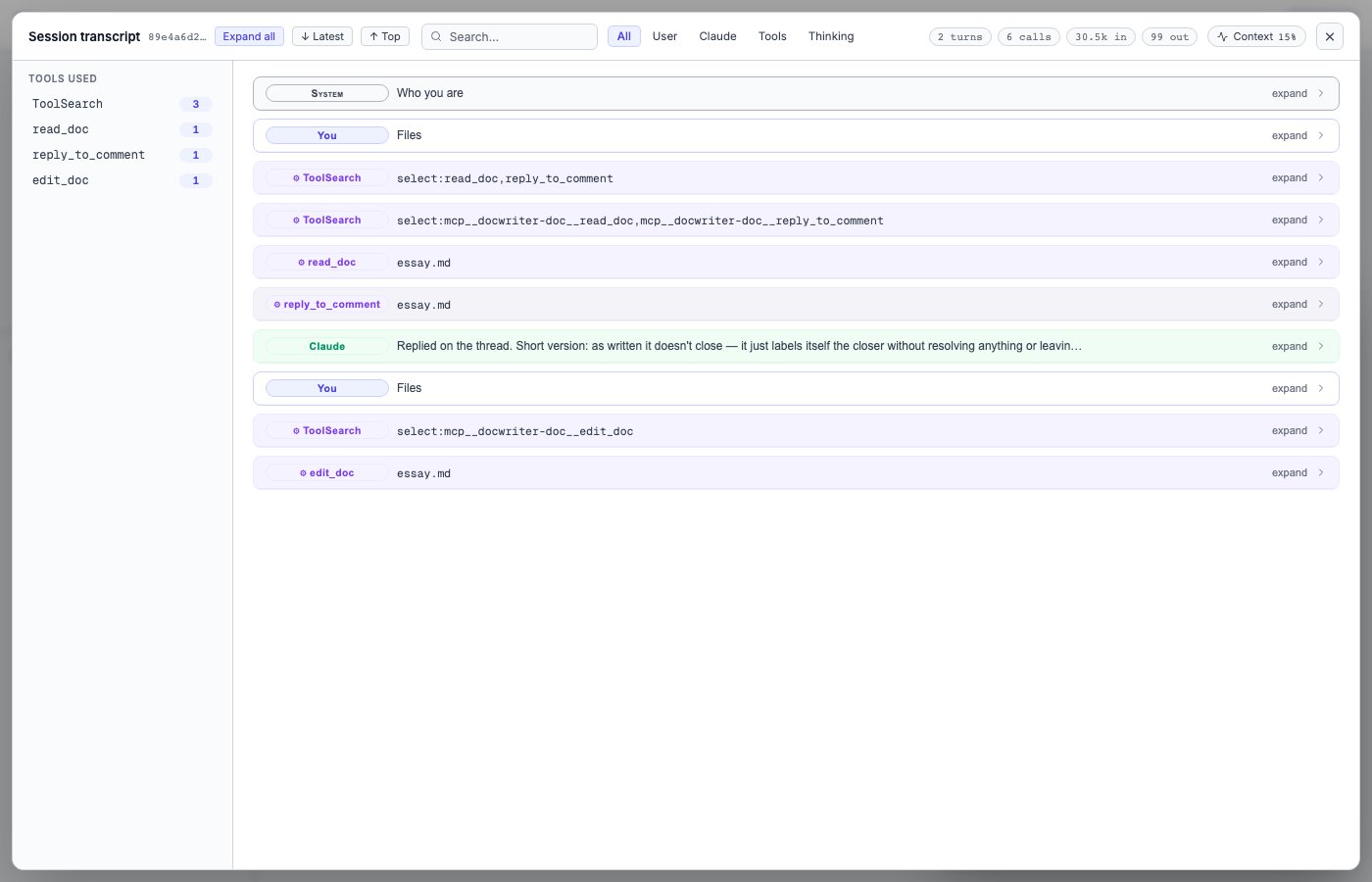 The transcript viewer open over the editor, showing the session's prior tool calls and assistant text