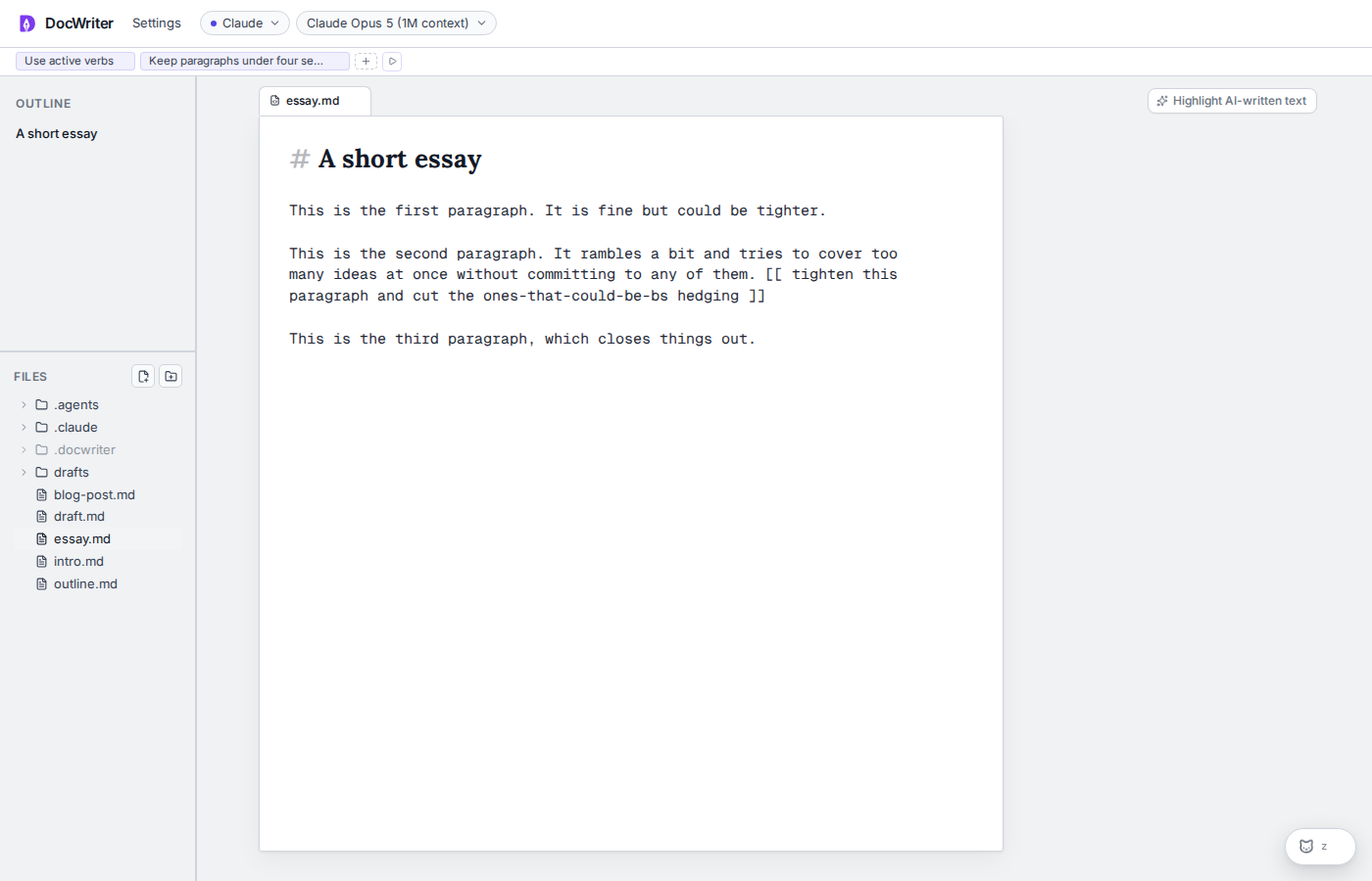 An inline directive written directly in the source document
