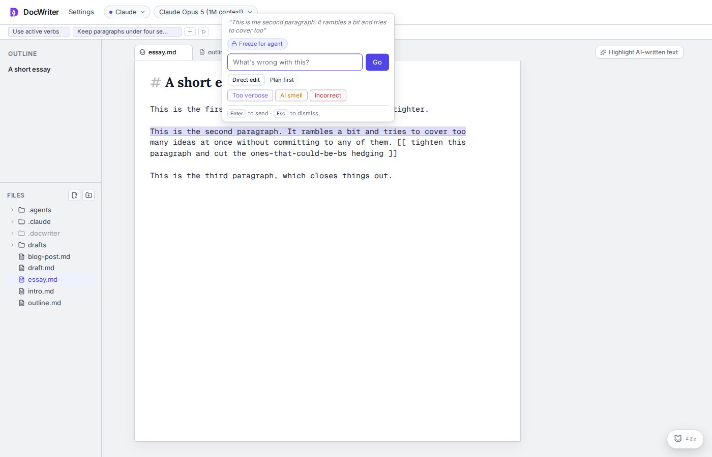 The selected text feedback popup with direct edit and plan first controls