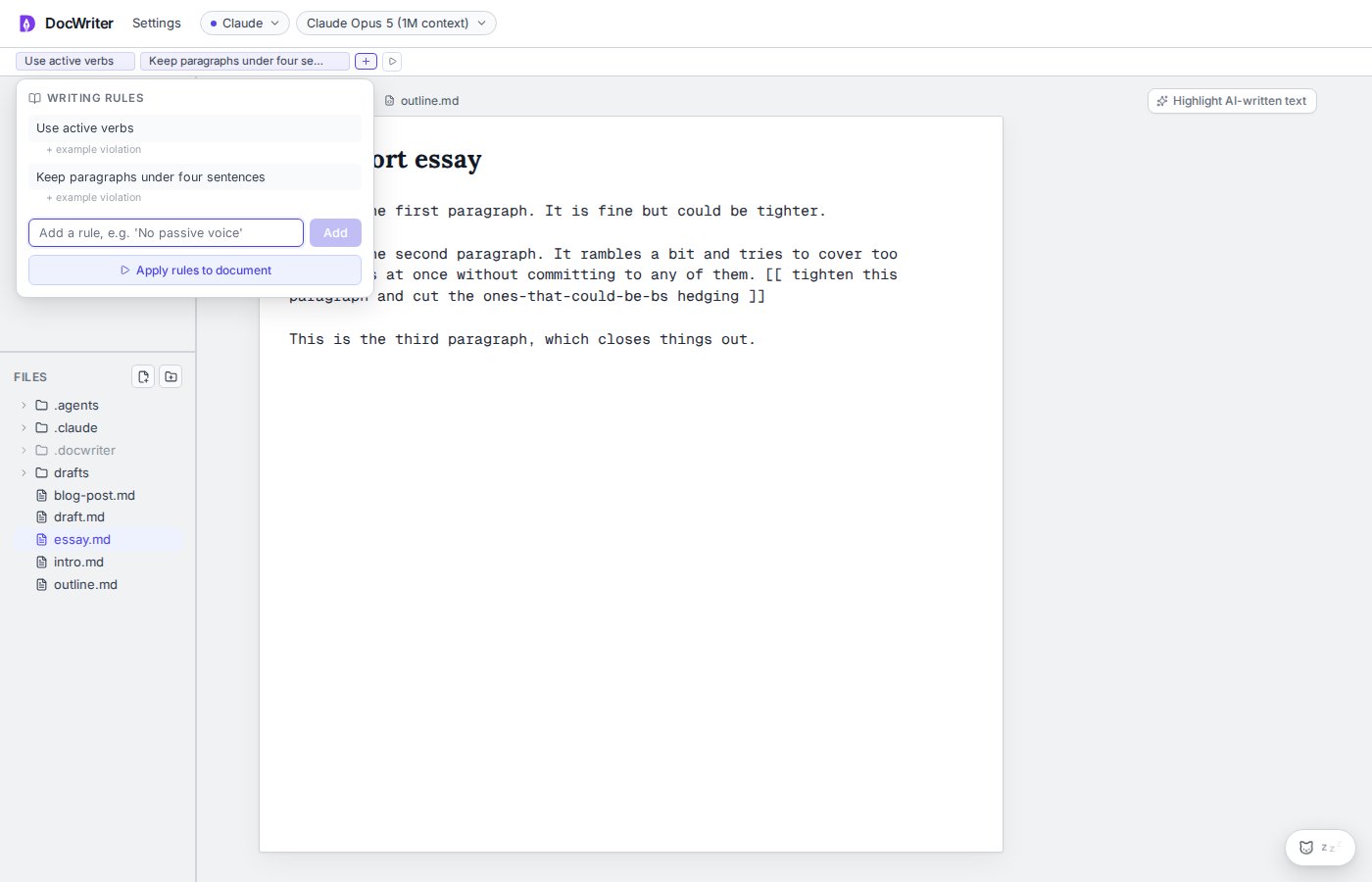 The writing rules popover above the workspace